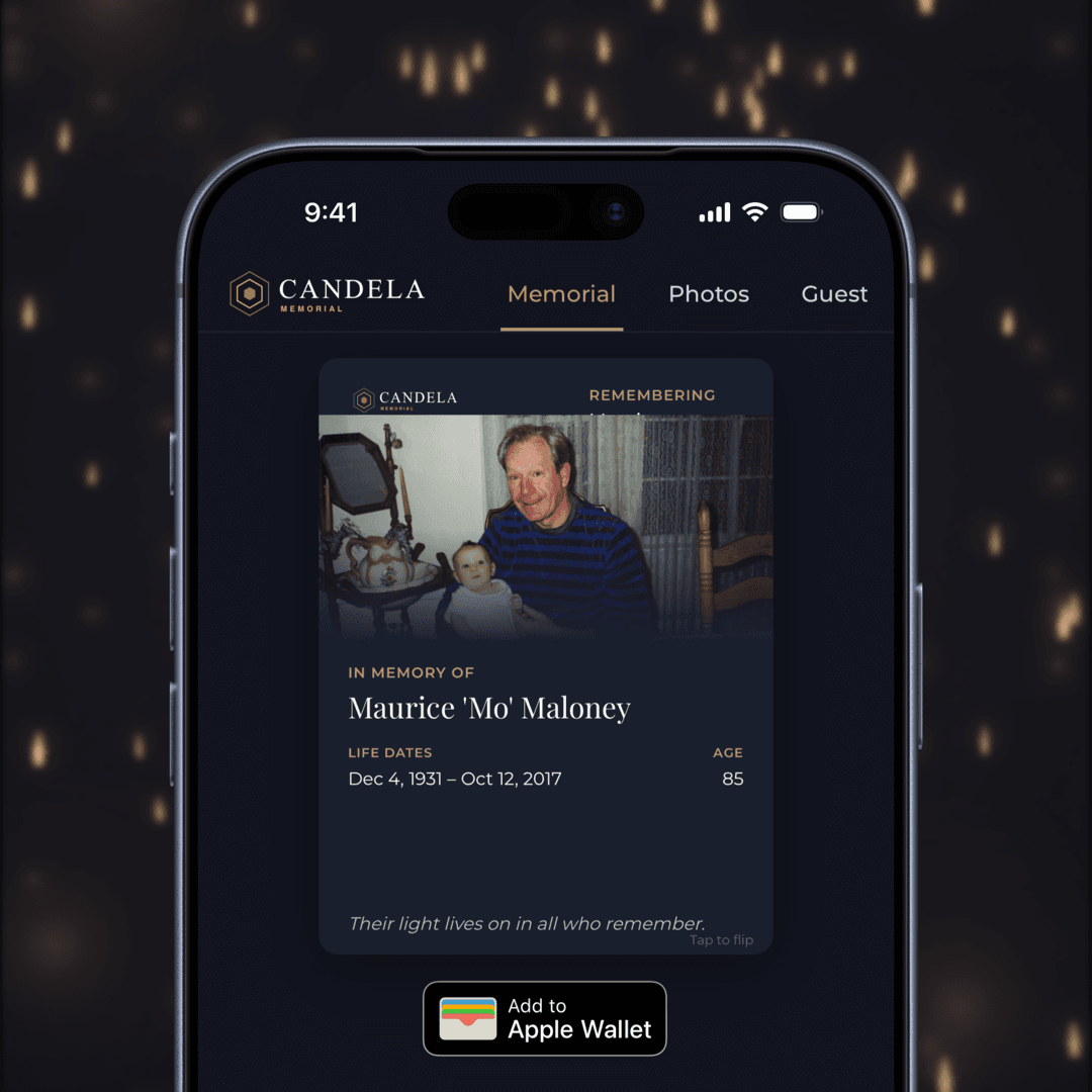 Candela prayer card for Maurice 'Mo' Maloney shown on a phone, with an Add to Apple Wallet button