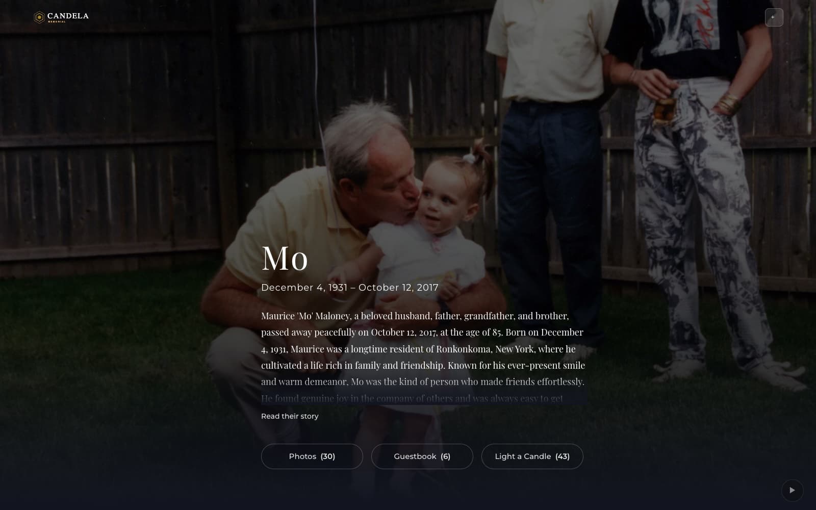A Candela memorial page with a photograph, name, and dates.